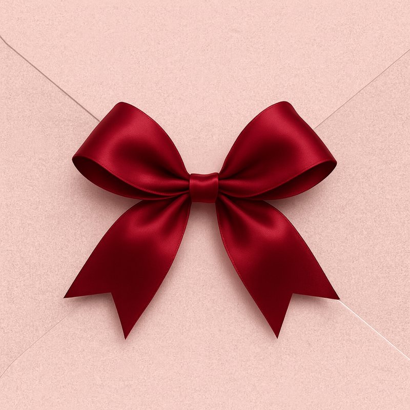 Rote Satinschleife, symmetrisch gebunden, auf einem hellrosa strukturierten Hintergrund, die an eine Geschenk- oder dekorative Umschlagsverschlusshülle erinnert.