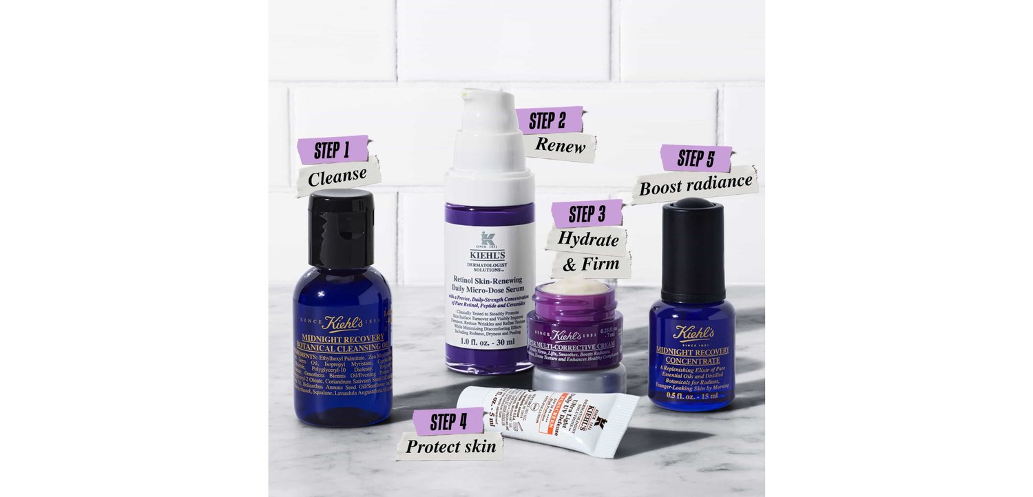 Fünf Kiehl’s Hautpflegeprodukte auf Marmor, beschriftet mit Schritt 1 Reinigen, Schritt 2 Erneuern, Schritt 3 Hydratisieren & Straffen, Schritt 4 Haut schützen, Schritt 5 Strahlkraft steigern.