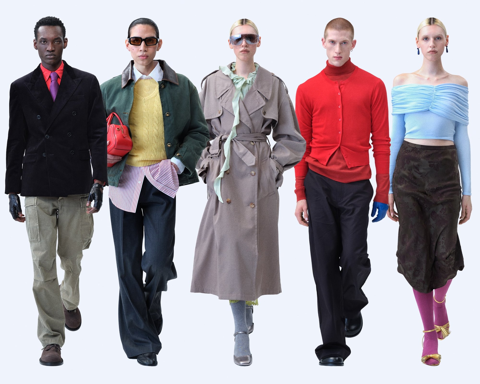 Cinque modelli mostrano outfit diversi: un blazer di velluto nero, una giacca verde, un trench beige, un cardigan rosso e una maglietta blu, abbinati a pantaloni e gonne vari.