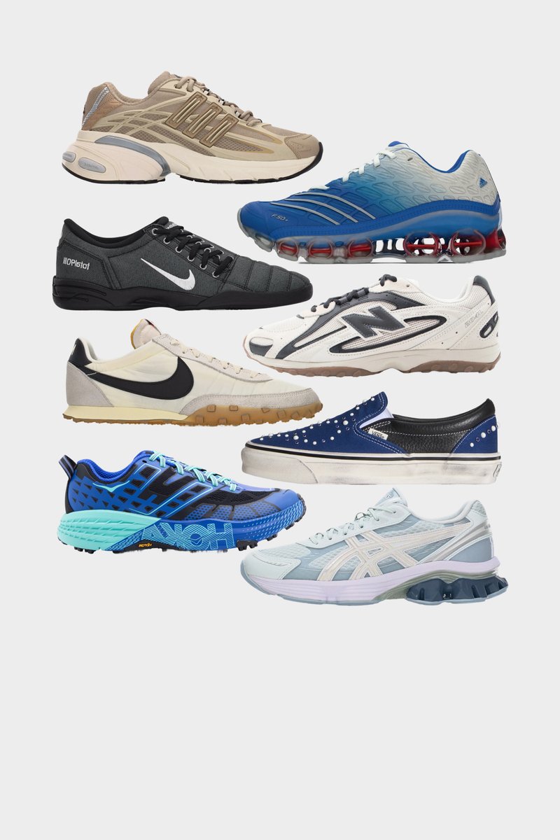 Zeven verschillende sportieve en casual sneakerstijlen gerangschikt in drie rijen op een witte achtergrond.