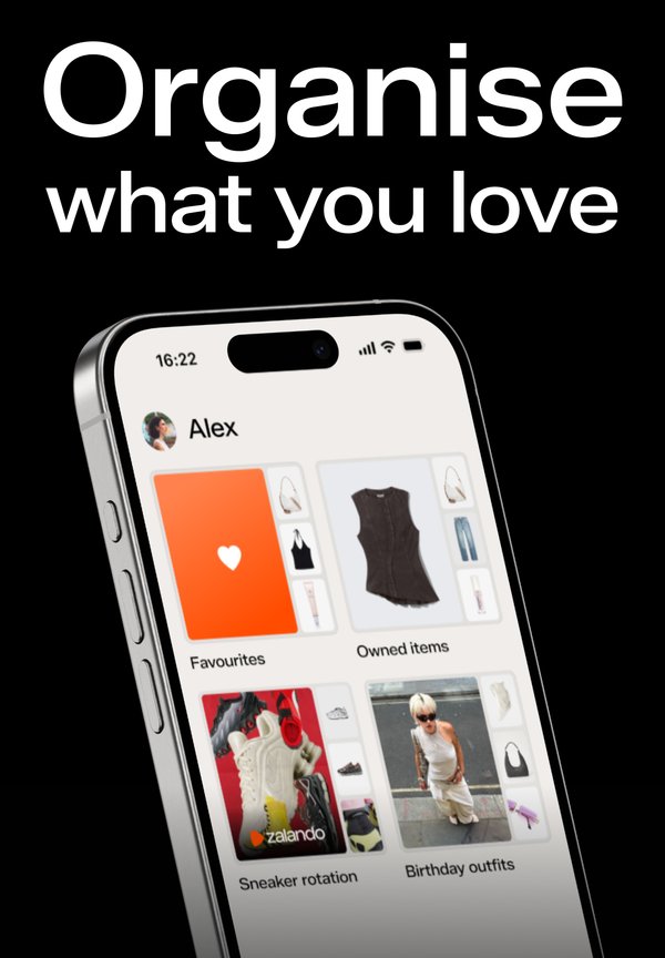 Smartphone showing a user interface with sections for "Favourites" and "Owned items," featuring matrix layout of clothing and accessories.