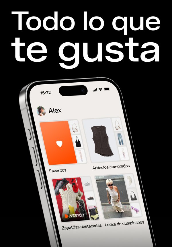 Pantalla de smartphone mostrando una interfaz de aplicación de compras. Presenta un fondo negro, y secciones para favoritos, artículos comprados y productos destacados.