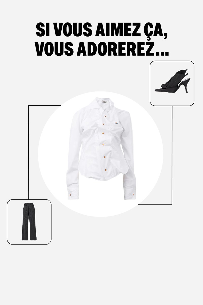Chemise blanche boutonnée avec des boutons marron, pantalon large noir, et chaussures mule à talons noires avec un détail nœud. Texte en français en haut.