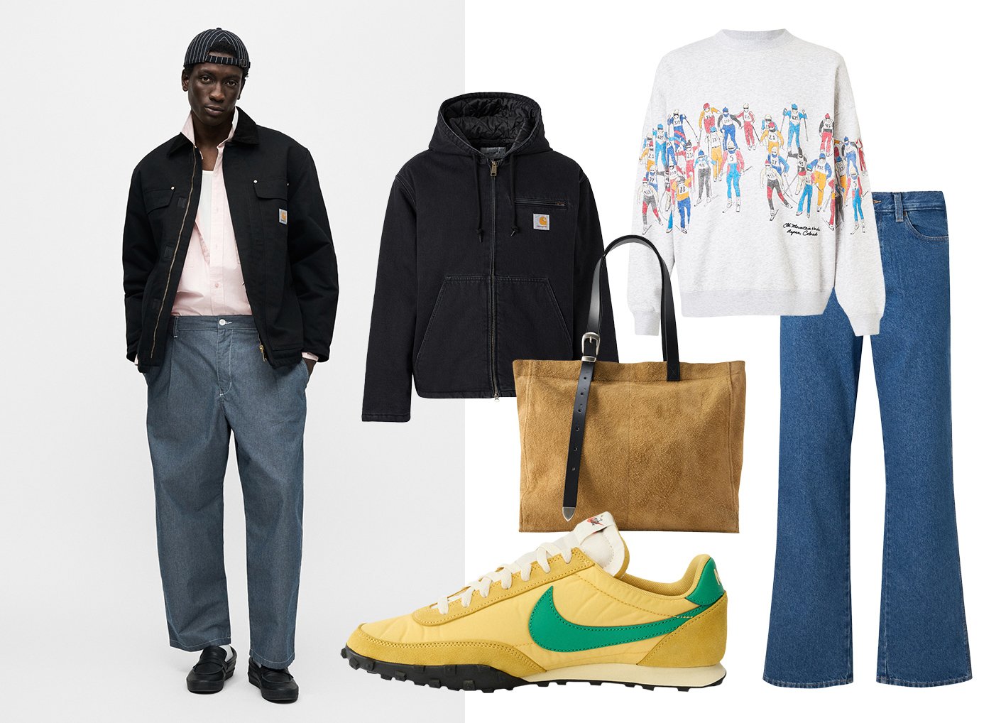 Mann trägt schwarze Jacke, hellrosa Hemd, blaue Jeans, schwarze Schuhe und gestreifte Mütze; außerdem zu sehen: schwarze Kapuzenjacke, bedruckter Pullover, Tragetasche, gelber Sneaker.