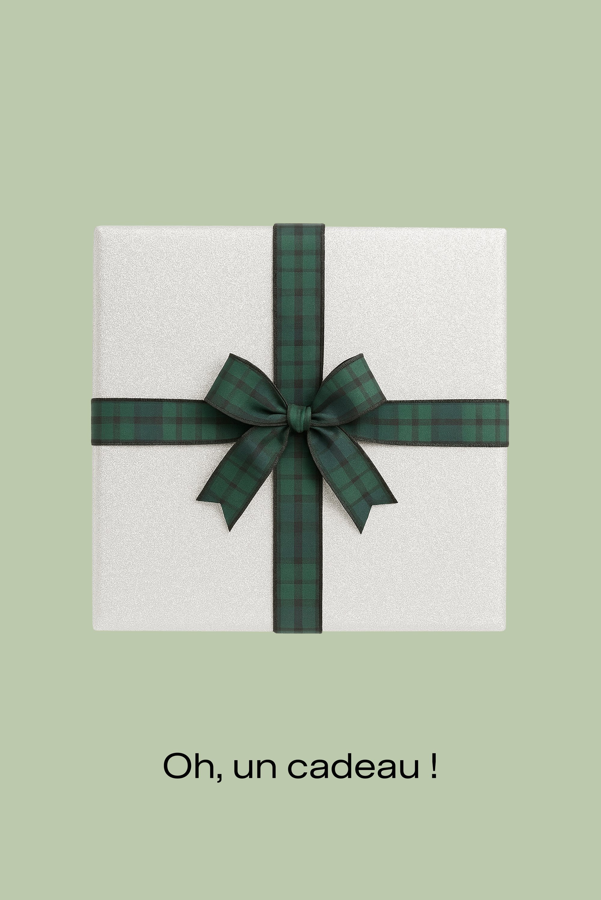 Boîte cadeau blanche avec une finition pailletée, attachée avec un ruban à carreaux vert foncé et noir, posée sur un fond vert clair.