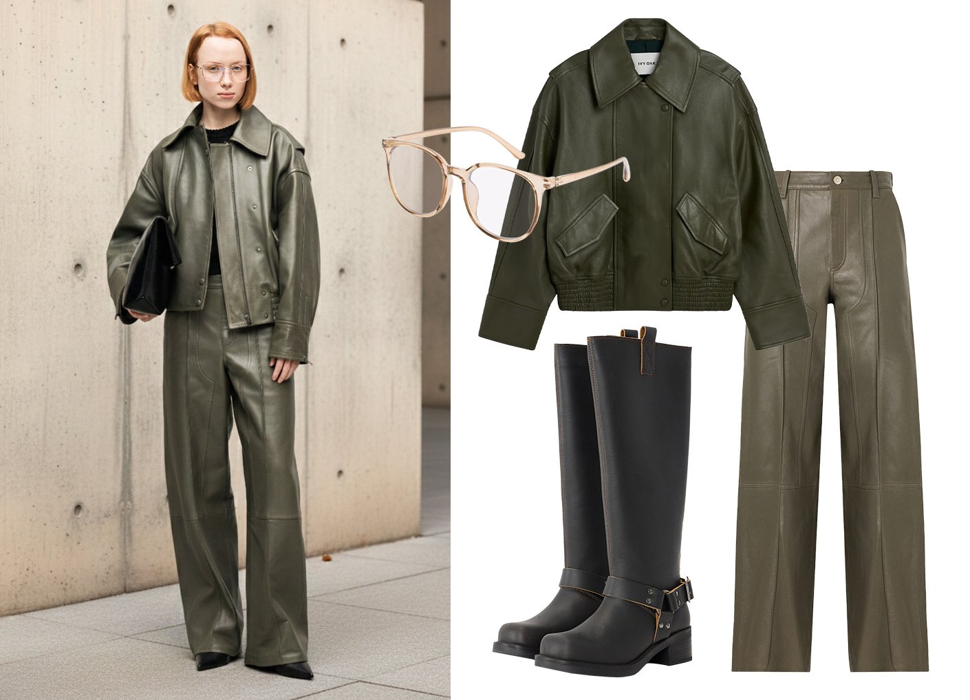 Femme portant une veste en cuir vert olive et un pantalon à jambes larges, avec des bottes noires et des lunettes beige clair, tenant une pochette noire.
