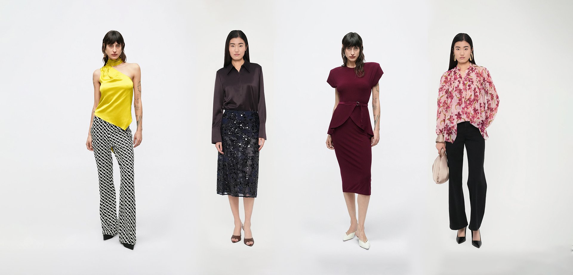 Četri apģērbu komplekti: dzeltens satīna tops ar rakstainām biksēm, tumša blūze ar spīdīgu svārku, bordo krāsas pepluma kleita un ziedaina blūze ar melnām biksēm.