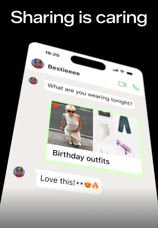 Screenshot of a messaging app displaying clothing suggestions. Features text bubbles and a central photo of a person wearing a light outfit.