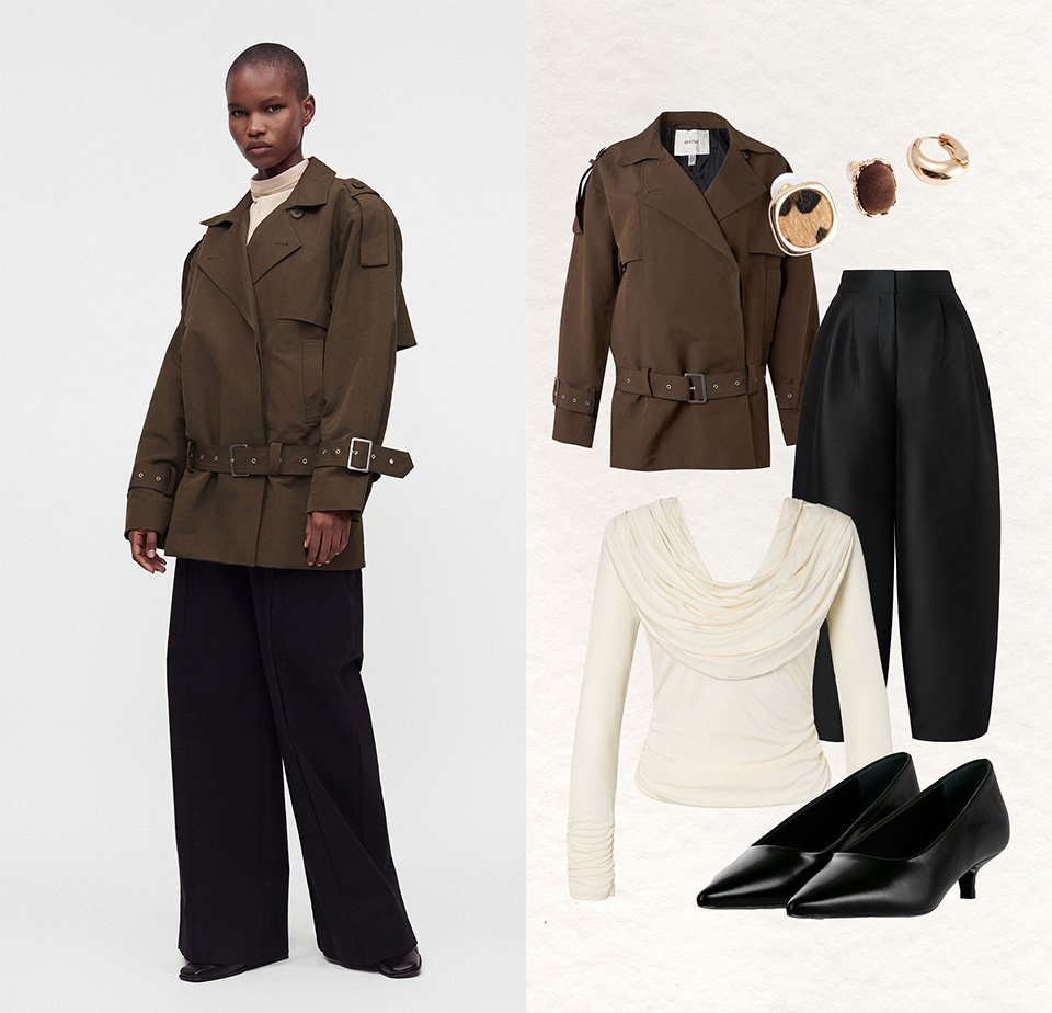 Personne portant une veste ceinturée vert olive foncé, un pantalon large noir et des chaussures noires à talons bas ; tenue assortie avec un haut drapé crème et des accessoires montrés à côté.