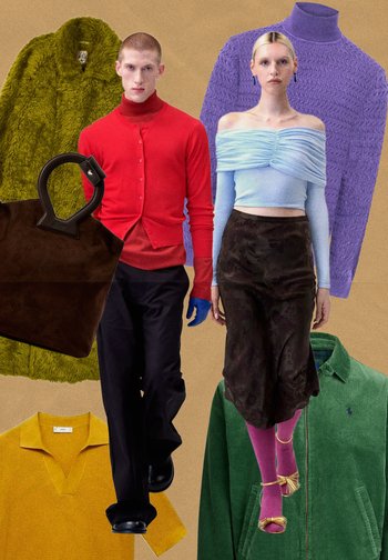 Svetle barvne obleke, vključno z rdečim cardiganom, modrim zgornjim delom brez naramnic in temno rjavim krilom, z zelenim krznom v ozadju.