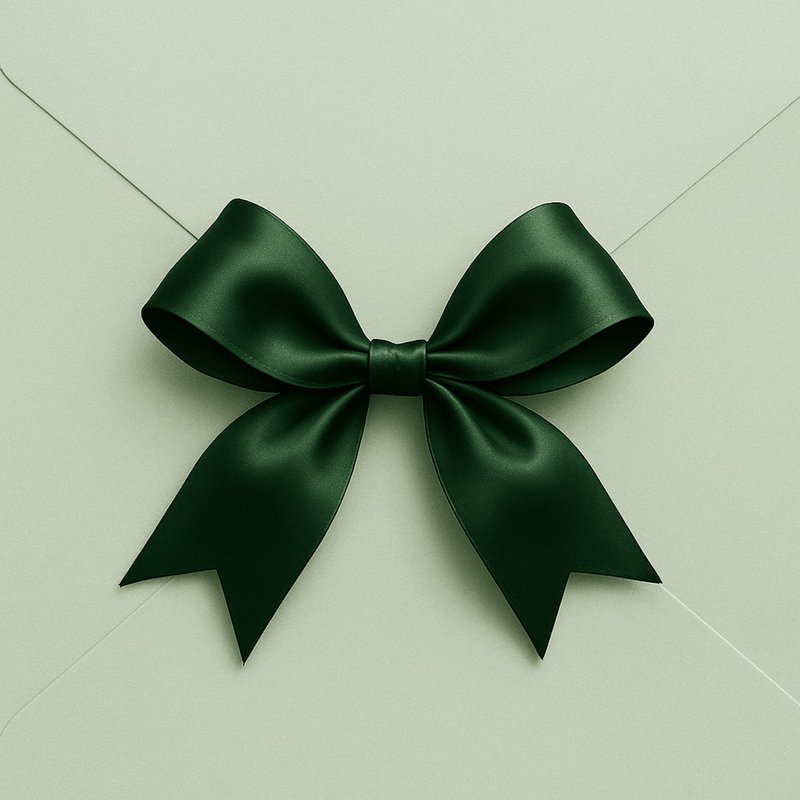 Dark green satin bow tied on the flap of a light green envelope, centred and neatly arranged.