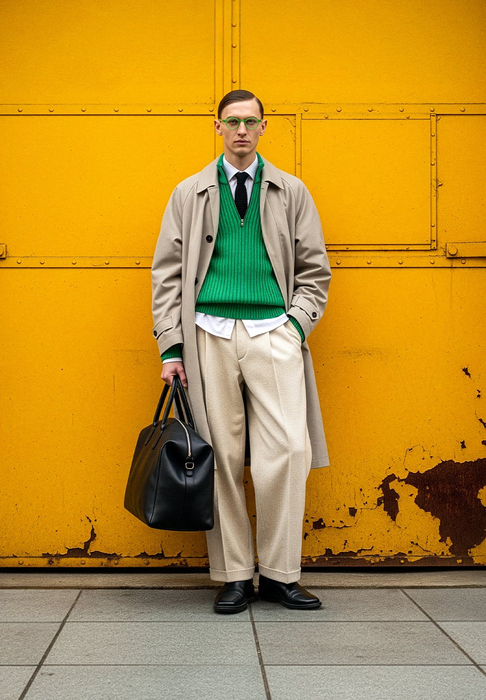 Trench-coat beige sur un pull côtelé vert, pantalon crème, mocassins noirs et sac en cuir noir, sur un fond jaune.