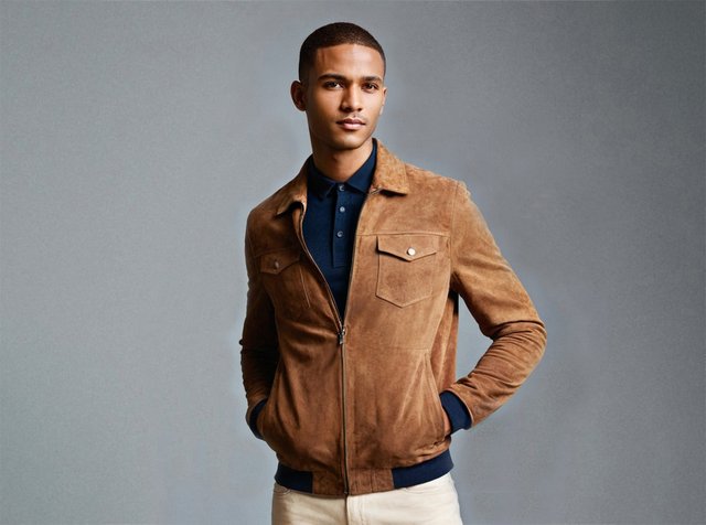 Junger Mann, der eine braune Wildlederjacke über einem dunkelblauen Poloshirt trägt und mit den Händen in den Taschen vor einem grauen Hintergrund steht.