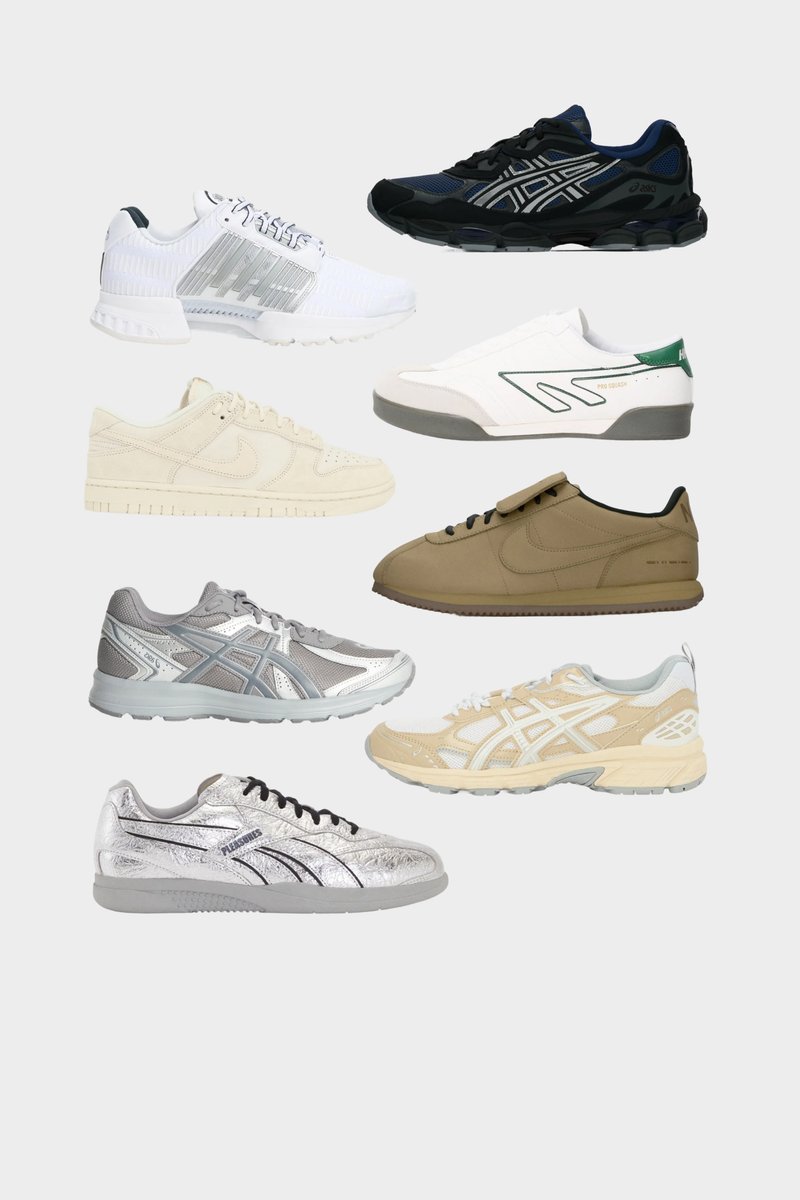 Collectie van acht sneakers in verschillende stijlen. Kleuren omvatten wit, zwart, beige, zilver; materialen variëren met mesh, leer en synthetische details.