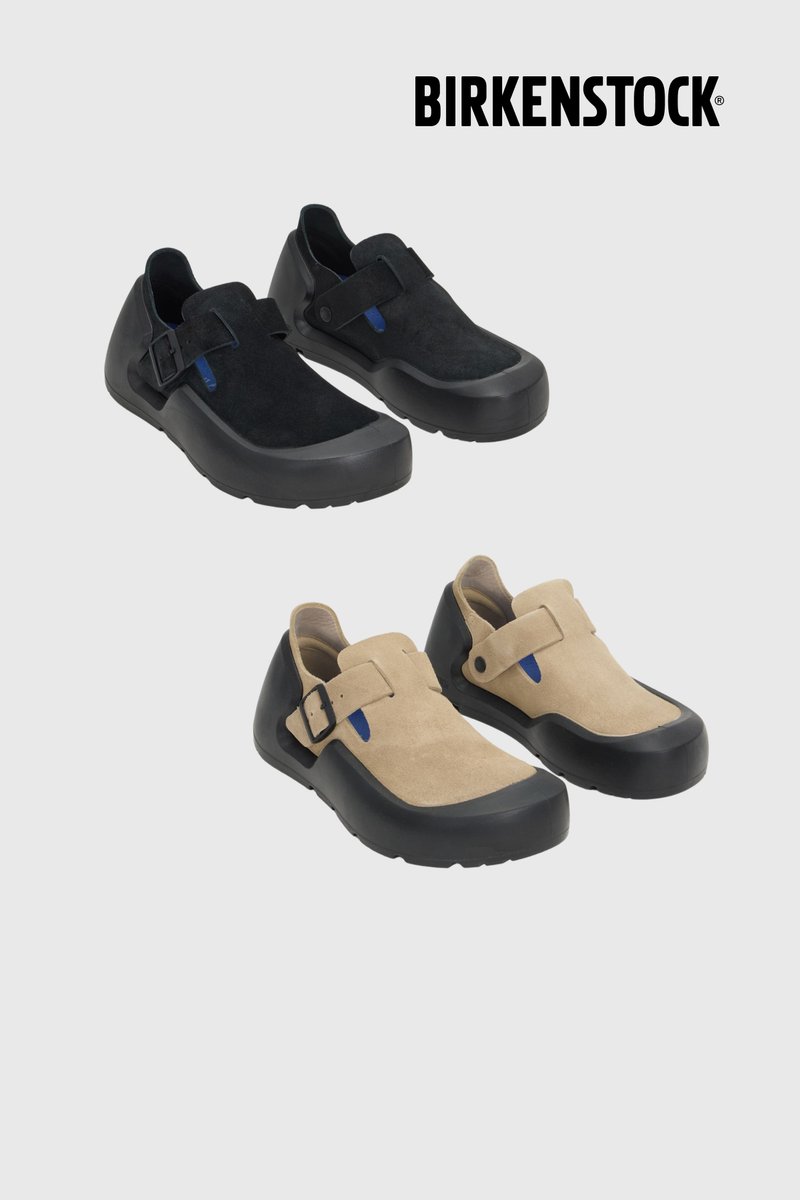 Two pairs of Birkenstock shoes, one black and one beige, both with black soles and buckle straps on a plain gray background.
