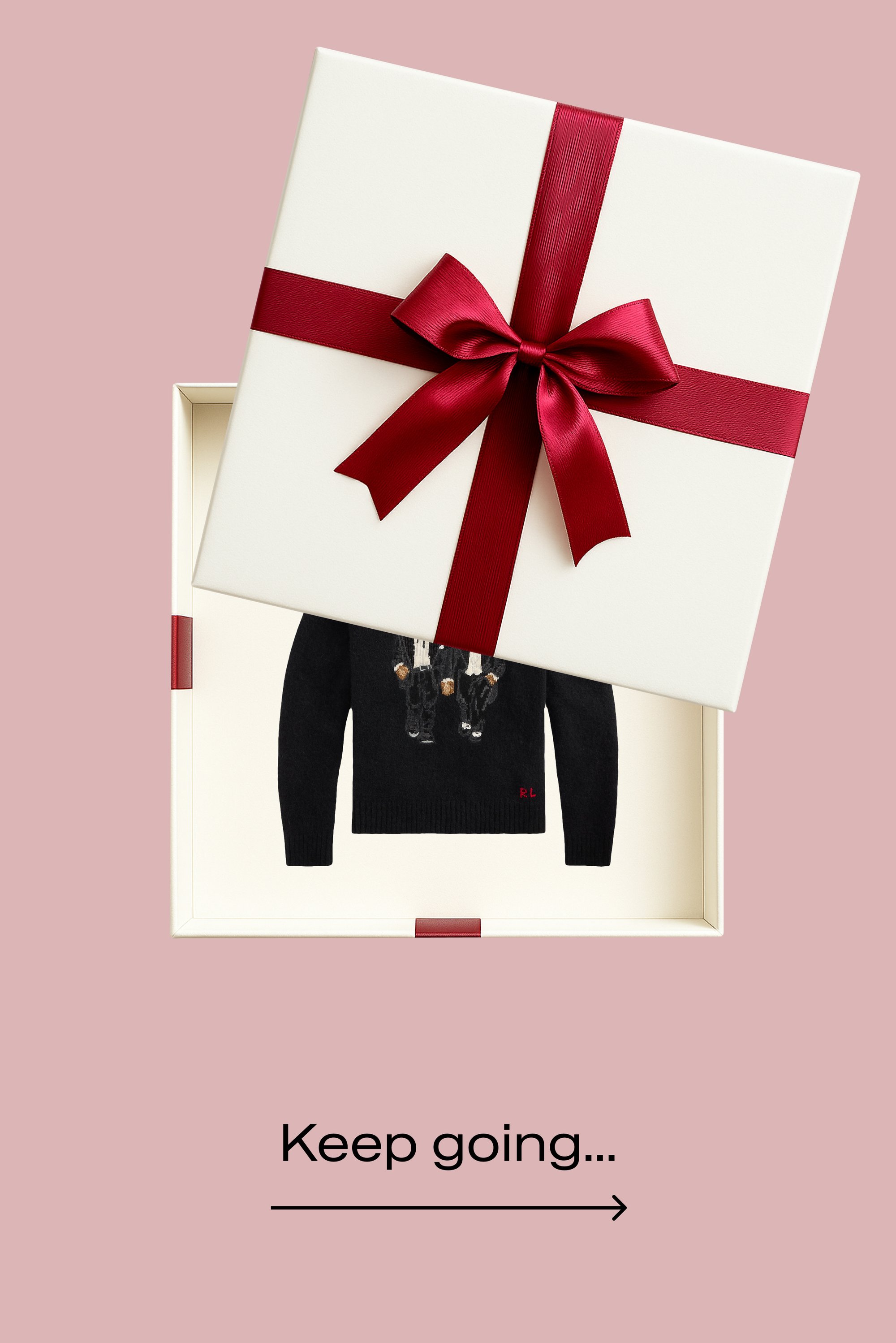 Scatola regalo bianca con nastro rosso parzialmente aperta che mostra un maglione nero all'interno, su uno sfondo rosa con il testo "Continua così..." sotto.