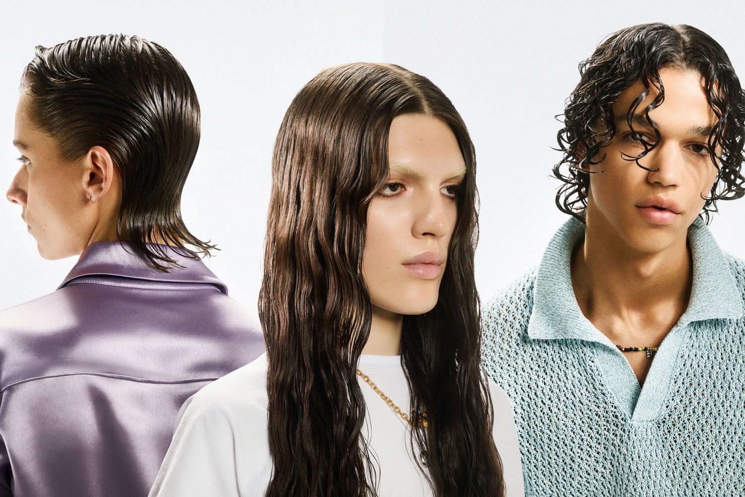 Three young adults showcase diverse hairstyles: a slicked-back look, long wavy hair, and short curly hair, wearing stylish clothing against a light backdrop.