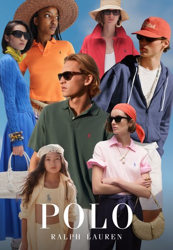 Sieben unterschiedliche Models tragen bunte Polo Ralph Lauren Kleidung und Sonnenbrillen vor einem klaren blauen Himmel.