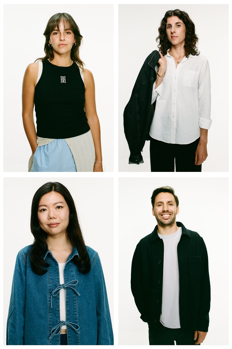 Cuatro personas aparecen en una cuadrícula: dos mujeres y dos hombres. Visten atuendos informales con estilos variados, sonriendo frente a un fondo neutral.