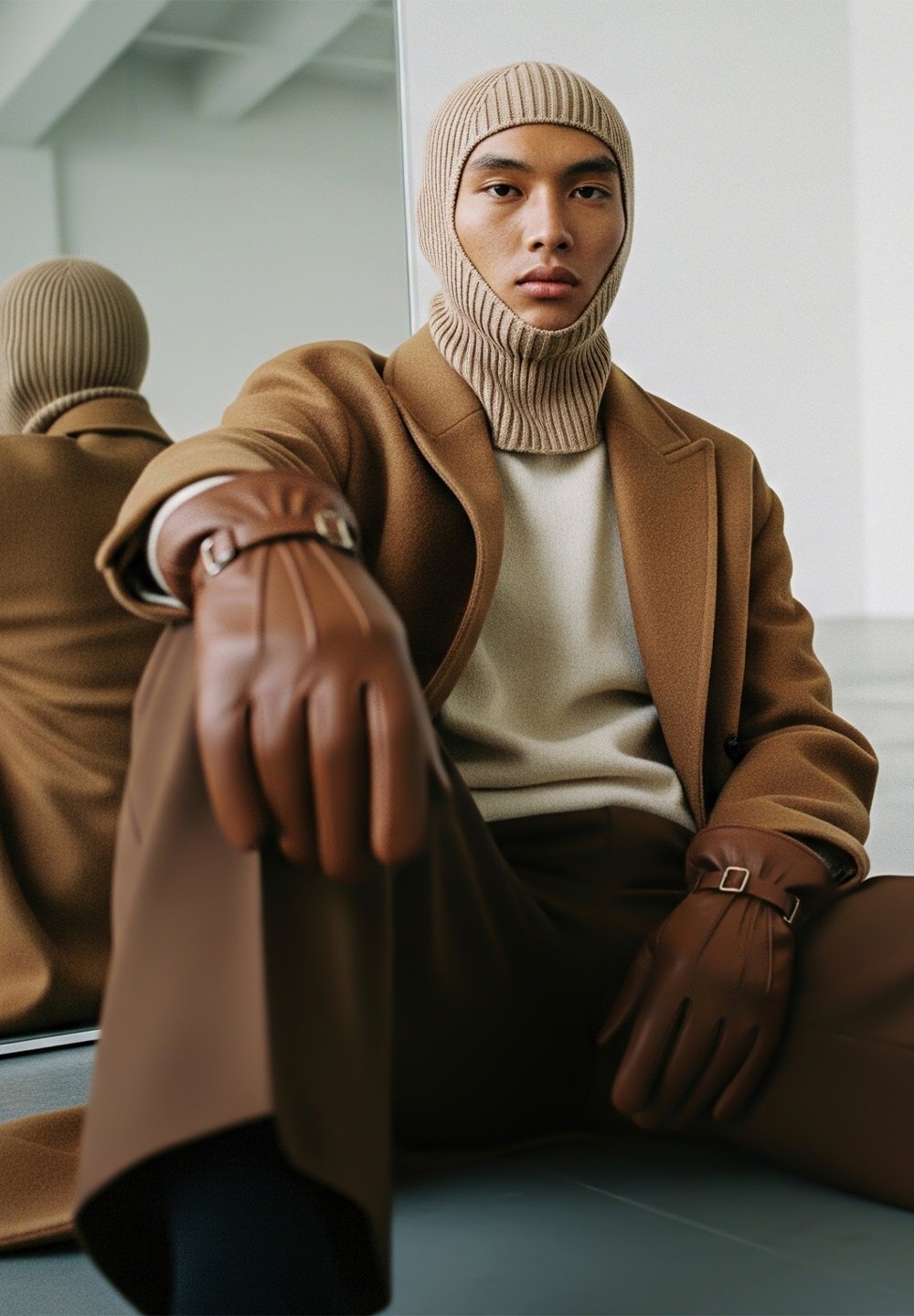 Brown leather gloves and a ribbed beige knit balaclava, teamed with a brown coat over a light sweater, seated against a mirrored backdrop.