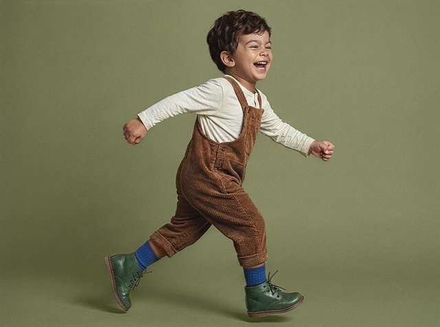 Jeune enfant souriant en salopette marron, chemise blanche, chaussettes bleues et bottes vertes marchant avec énergie sur un fond vert olive.