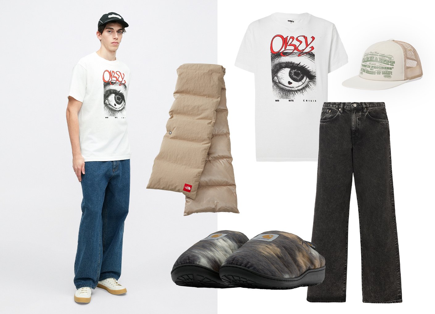 T-shirt graphique blanc avec impression d'œil, doudoune beige, jean noir à jambes larges, chaussons gris et noirs, et casquette beige en mesh avec texte vert.