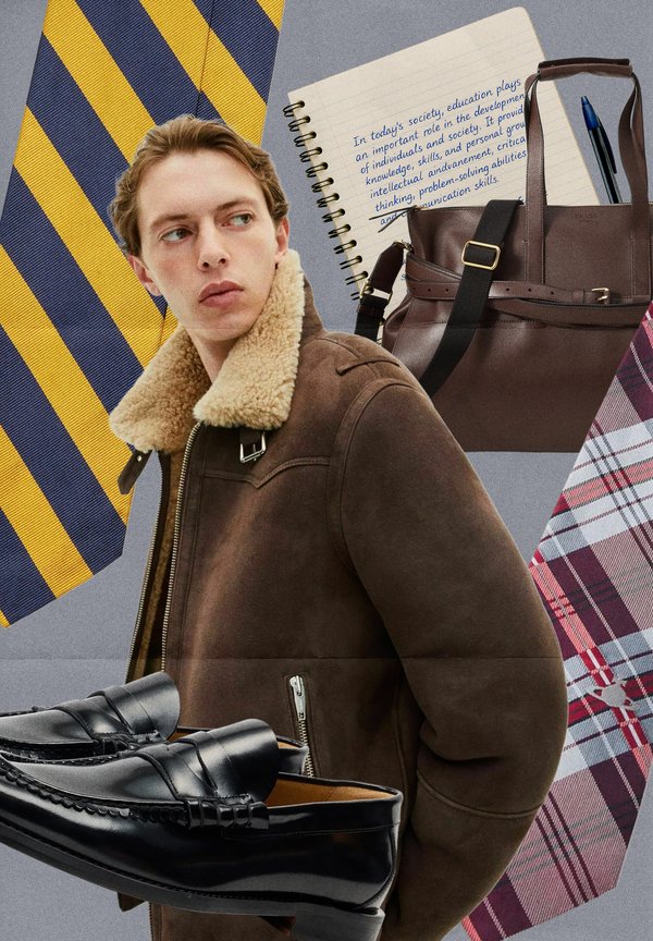 Brown suede jacket with shearling collar, black leather loafers, yellow and blue striped tie, plaid accents, notebook, and brown bag.