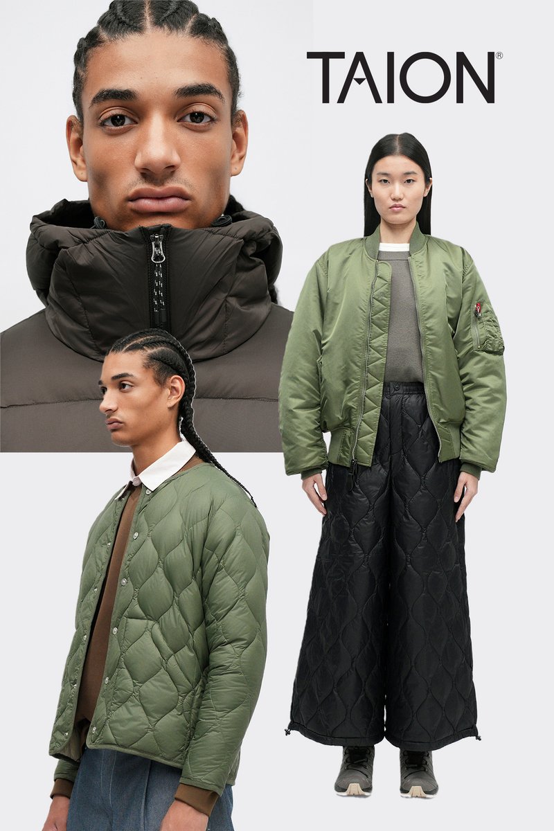 Giacca bomber trapuntata verde con colletto alto e cerniera frontale, abbinata a una gonna imbottita nera e top grigio. Logo TAION in alto.