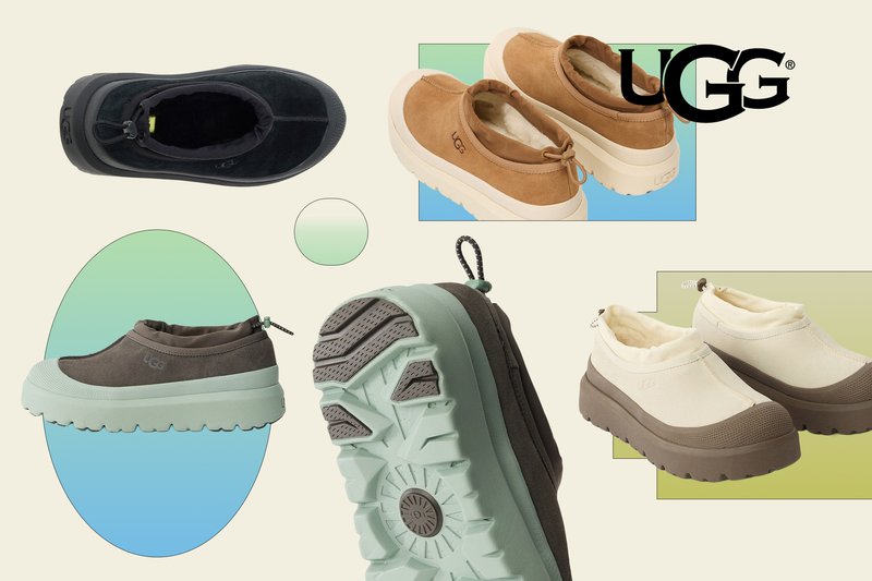 Four styles of UGG slip-on shoes in black, brown, beige, and gray with thick soles, displayed from various angles on a beige background.