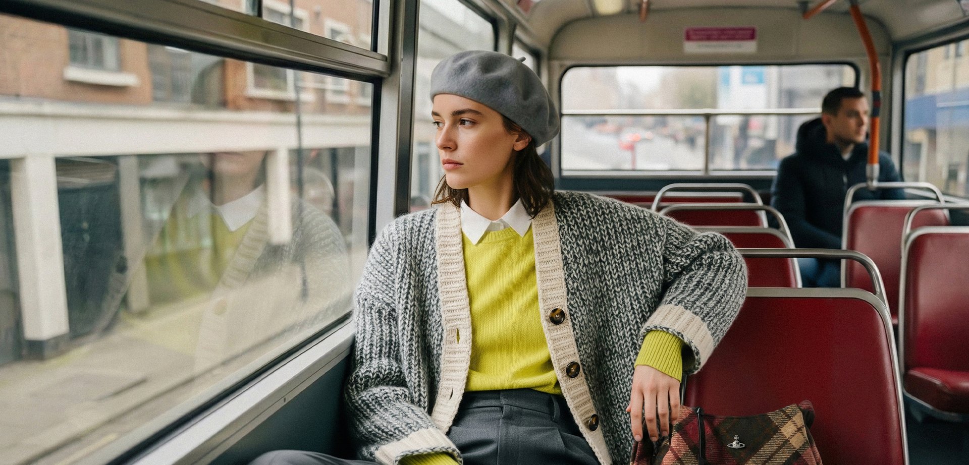 Gebreid grijs vest met crèmekleurige accenten over een felgele trui; grijze baret; geruite handtas; zittend in een bus met rode zitplaatsen.