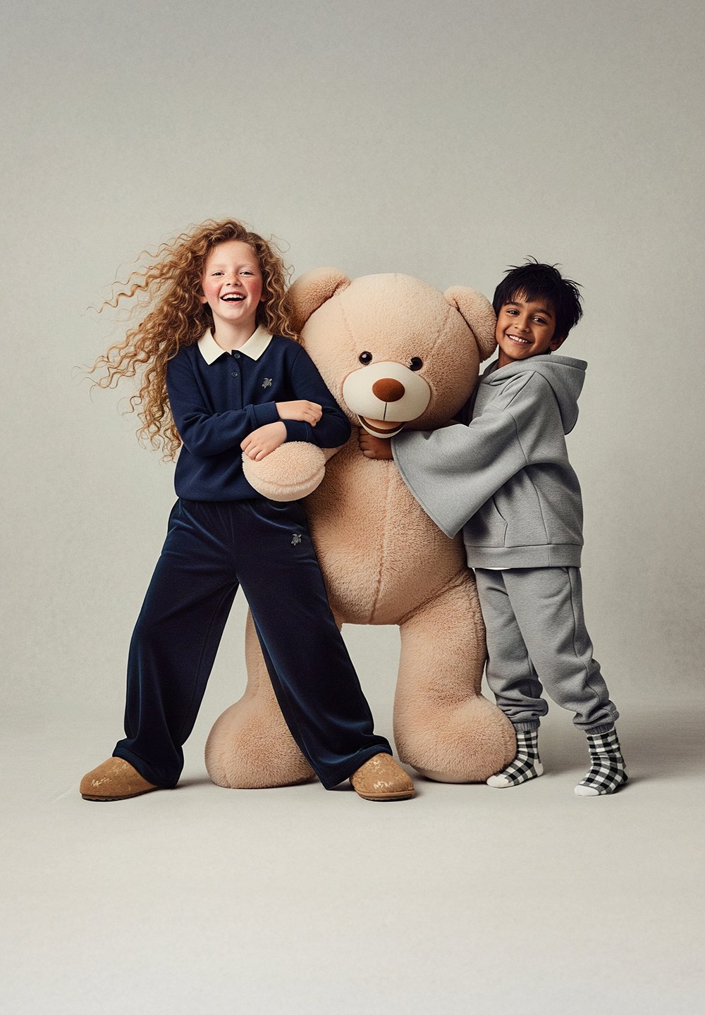 Due bambini stanno accanto a un grande orsetto di peluche marrone chiaro. Uno indossa una tuta blu scuro con colletto bianco, l'altro un abbigliamento comodo grigio.
