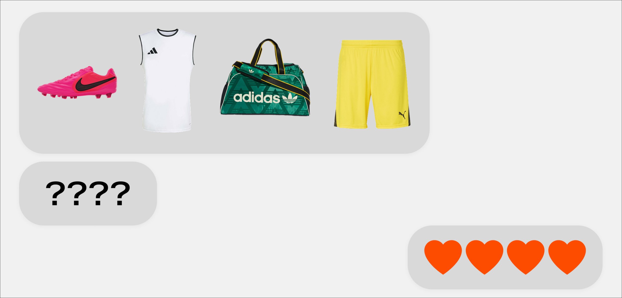 Pinkfarbener Nike-Stollenschuh, weißes ärmelloses Adidas-Shirt, grüne Adidas-Tasche und gelbe Puma-Shorts mit Fragezeichen und vier orangefarbenen Herz-Emojis.
