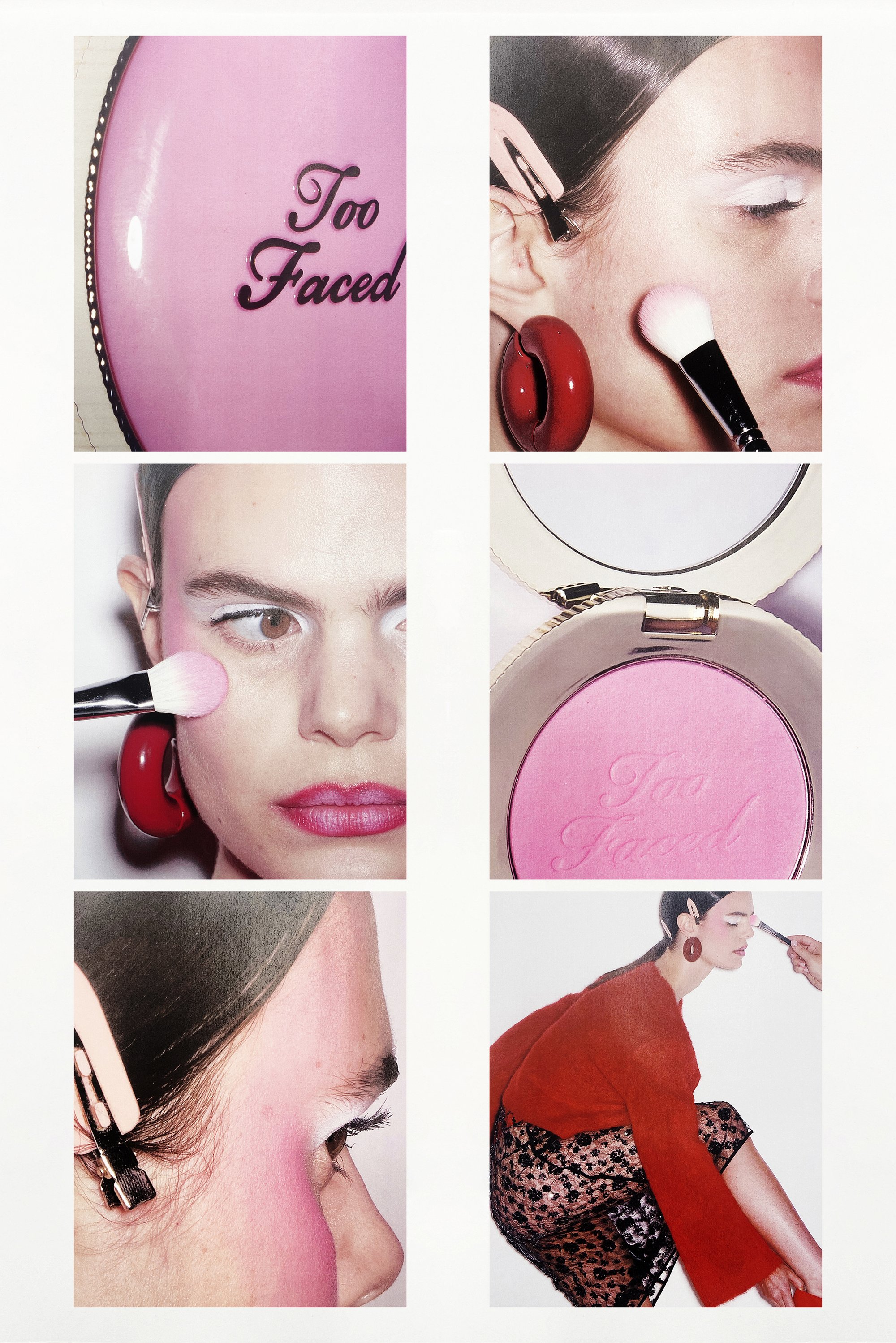 Il collage presenta prodotti di bellezza, un modello con trucco audace e un compatto circolare etichettato "Too Faced", che mette in mostra colori vivaci e applicazione di cosmetici.
