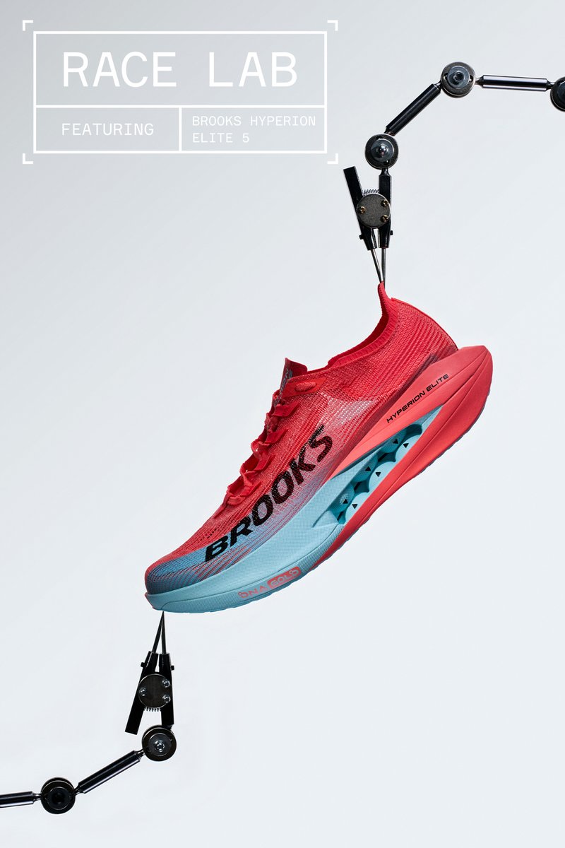 Red and blue Brooks Hyperion Elite 5 running shoe suspended by mechanical arms, with "RACE LAB" text above on a gray background.