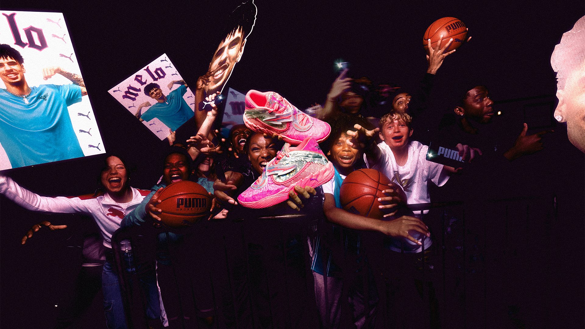Des chaussures de basketball roses avec des accents argentés, présentant un mesh texturé et un design dynamique, mises en avant parmi des fans enthousiastes.