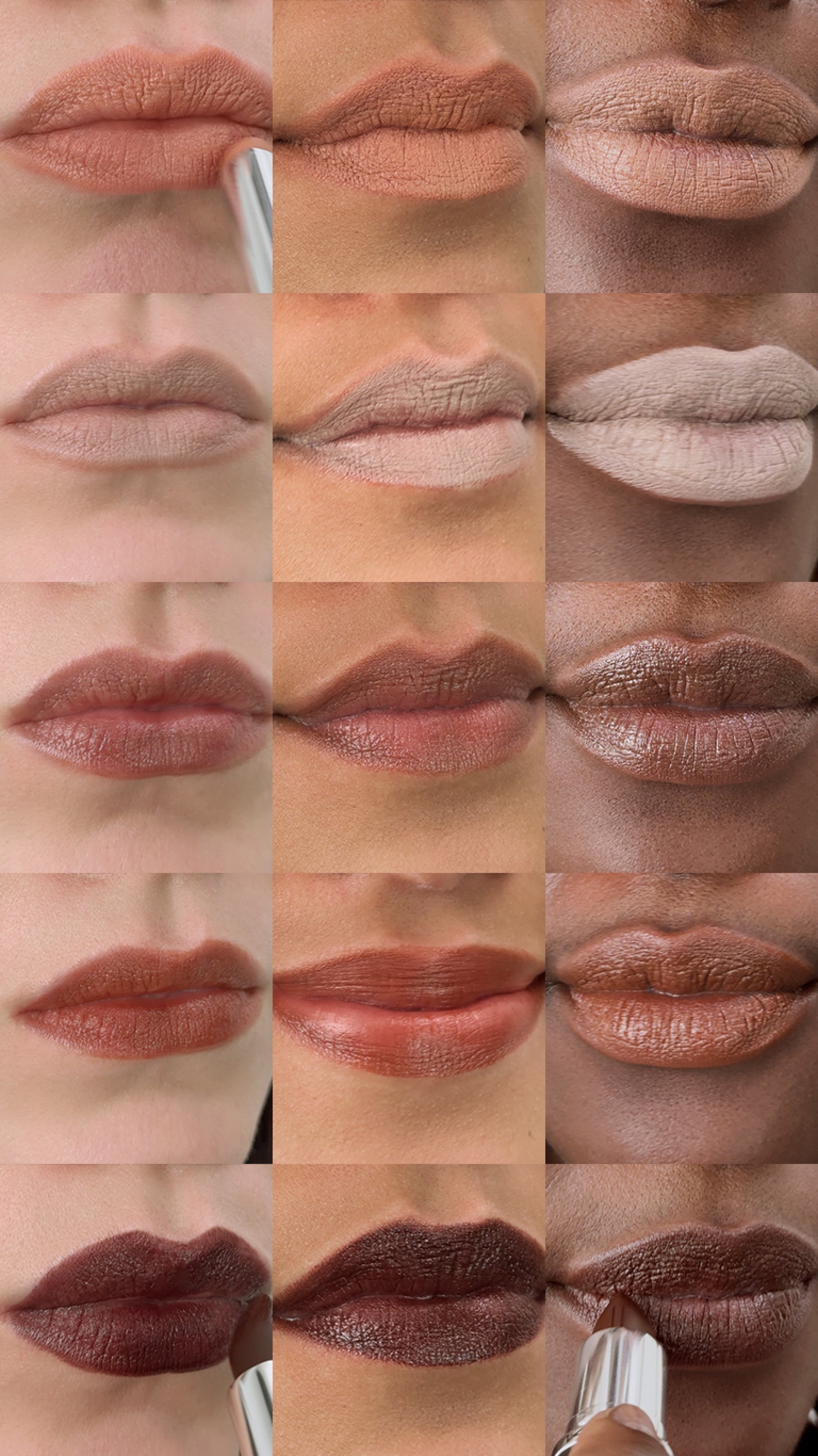 Una griglia di 12 primi piani di labbra che mostrano diverse tonalità di rossetto nudo e ricco su varie tonalità di pelle, evidenziando la varietà di texture e colori.