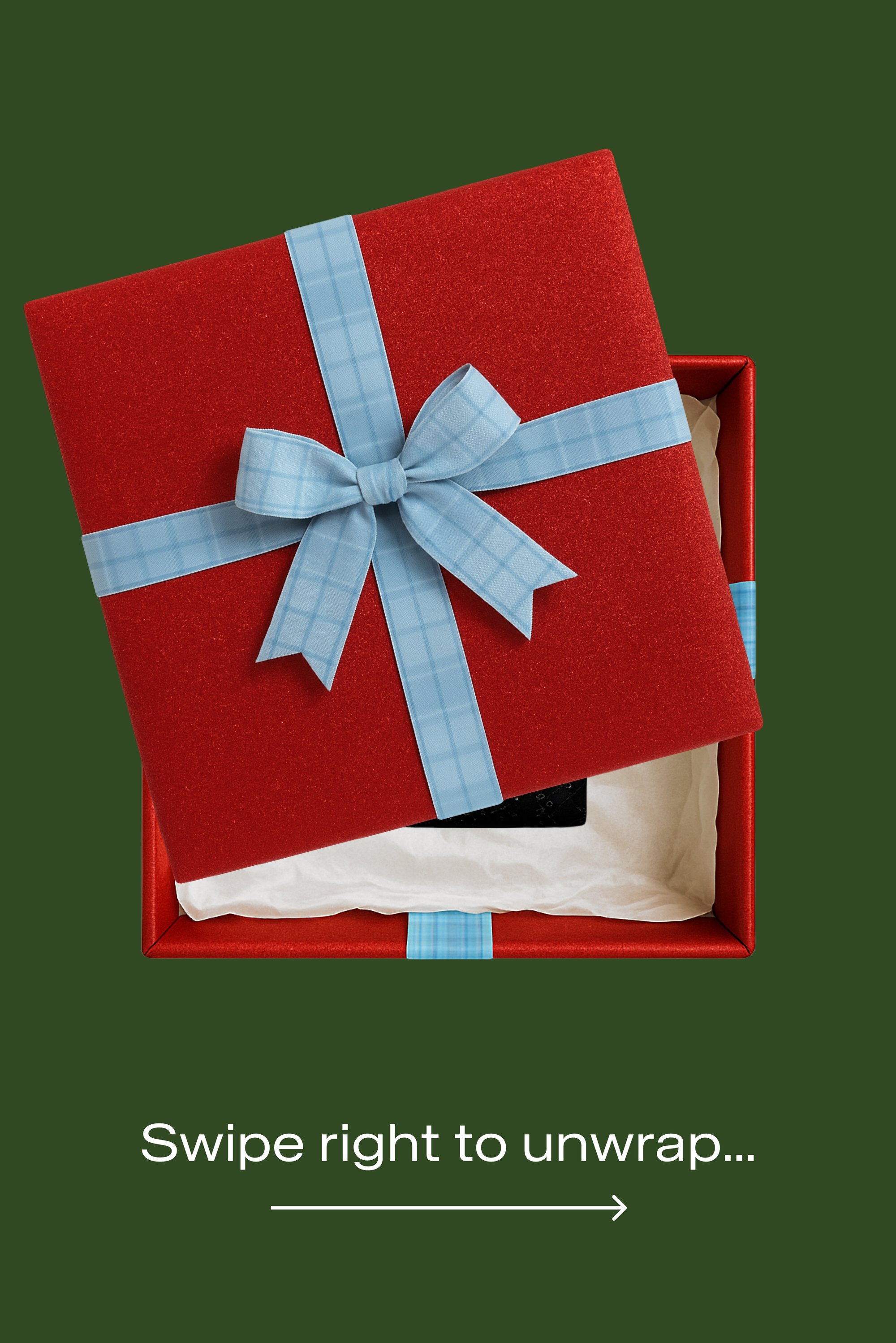 Scatola regalo rossa con una texture lucida, legata con un nastro a quadretti azzurro chiaro e un fiocco, contenente carta velina bianca all'interno.