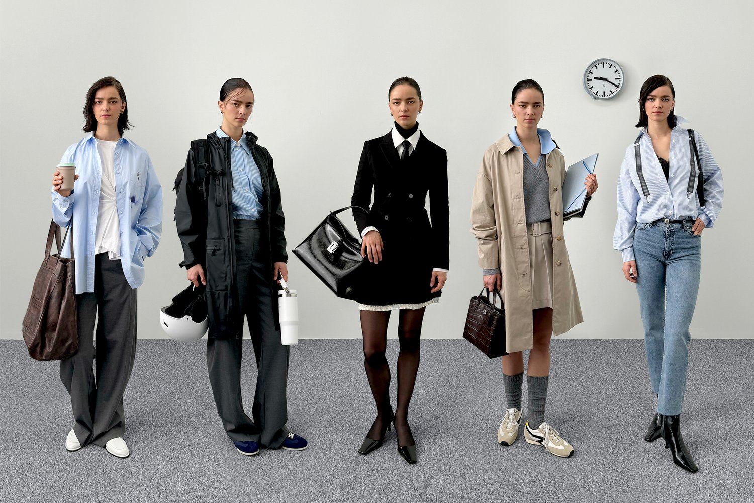 Cinco mujeres exhiben diferentes conjuntos: casual, deportivo, formal y de negocios, sosteniendo bolsos y accesorios en un entorno interior minimalista.