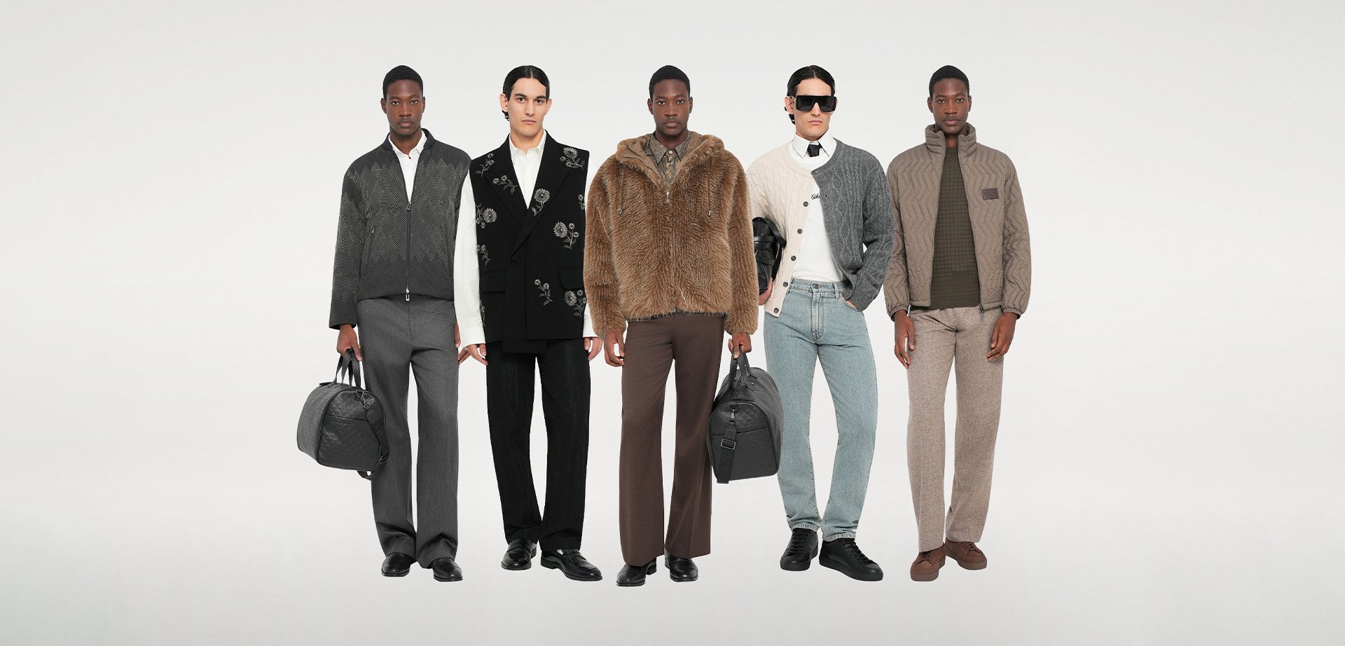 Five models display a range of outfits: a textured dark jacket, an embroidered vest, a faux fur coat, a knit sweater, and a quilted jacket. The garments feature various colours and materials.