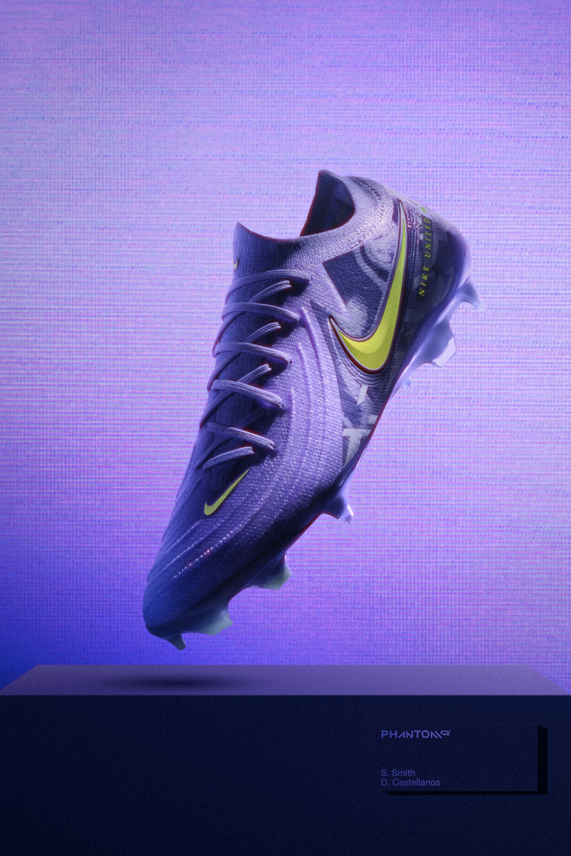 Purple soccer cleat with a yellow Nike logo, floating against a purple background. Displayed on a black pedestal with names below.