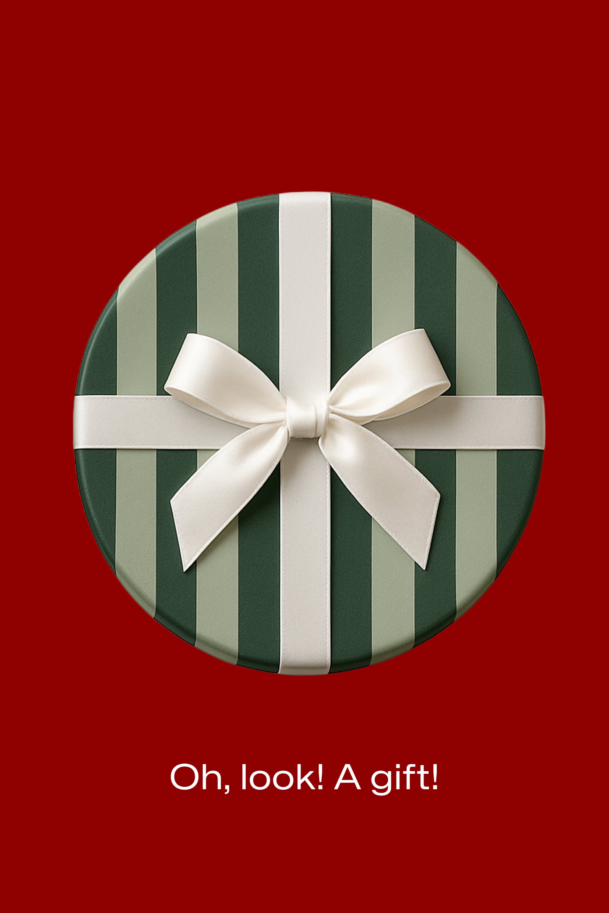 Round gift box with dark green and light green vertical stripes, topped with a white satin bow, set against a red background.