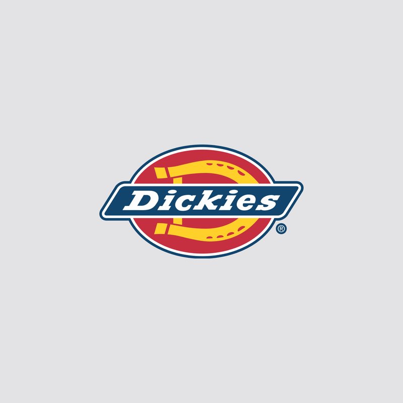 Logo met de naam "Dickies" in vette witte letters op een donkerblauwe banner, tegen een rode en gele cirkelvormige achtergrond.