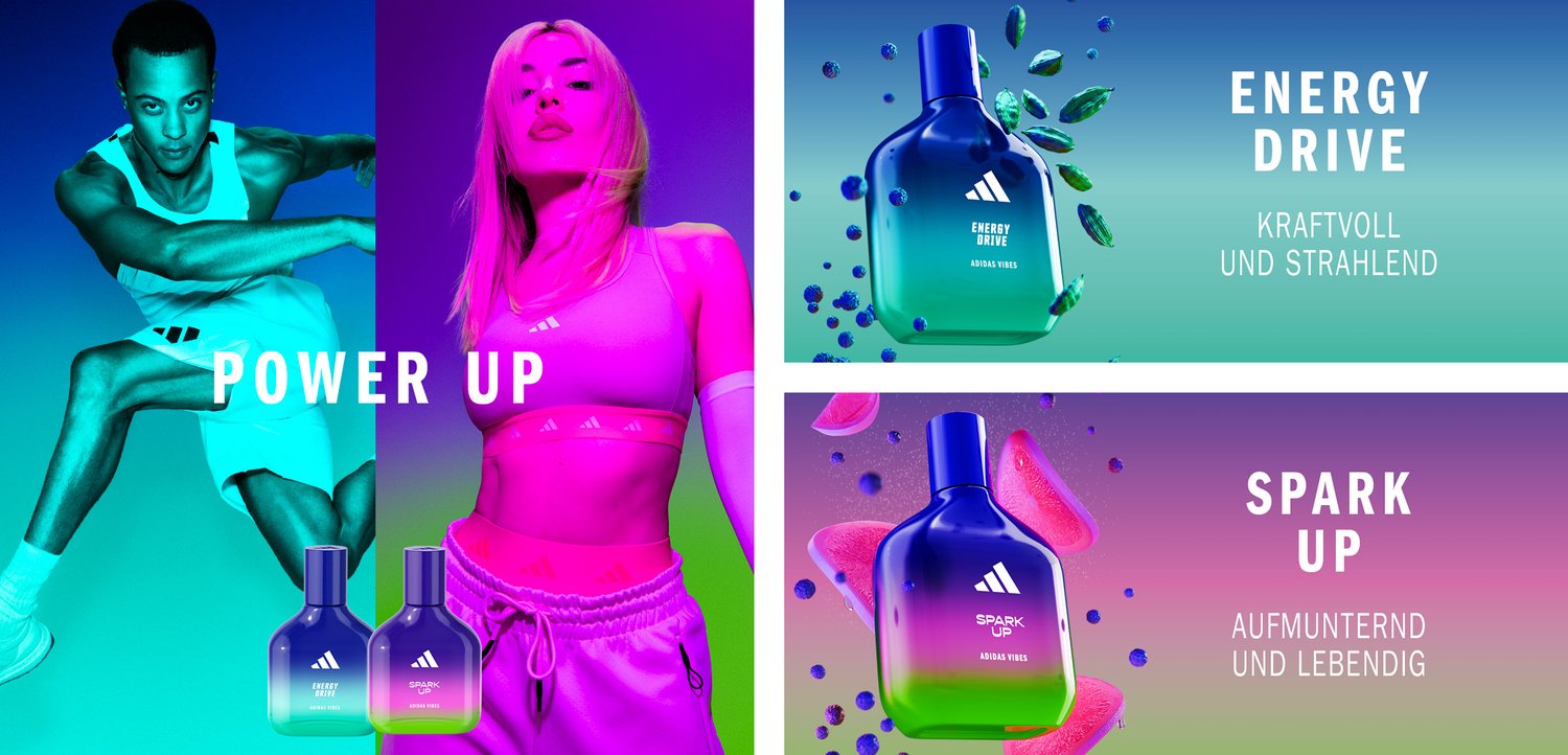 Zwei Models präsentieren lebhafte Sportbekleidung vor bunten Hintergründen. Zwei Parfümflaschen, "Energy Drive" und "Spark Up", stehen im Fokus.