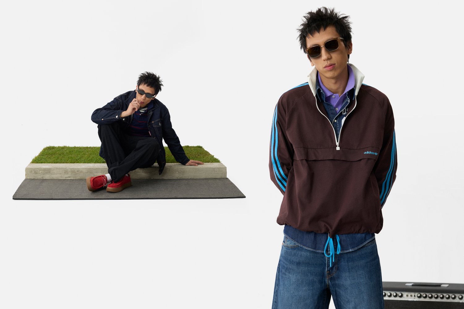 Chaqueta marrón con cremallera y rayas azules, combinada con una camiseta morada y jeans de mezclilla. Zapatos rojos con suela texturizada. Fondo de tapete gris y césped.