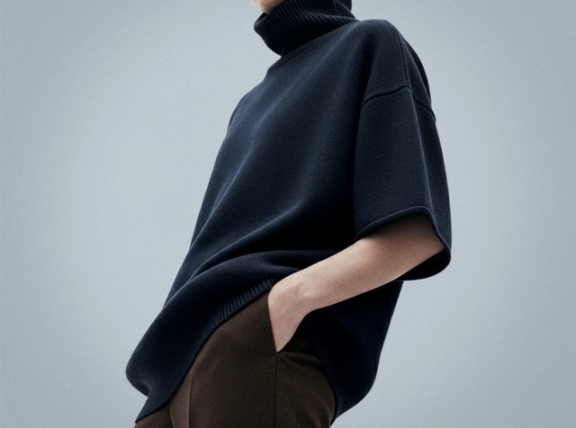 Mörkblå turtleneck-tröja med korta ärmar, mjuk textur, avslappnad passform och ribbade detaljer vid hals och fåll, kombinerad med bruna byxor.