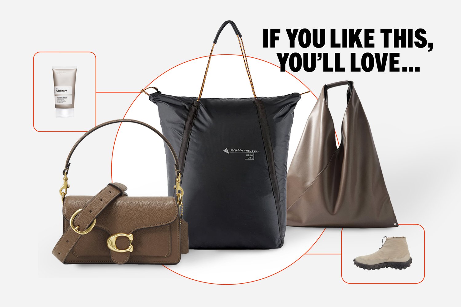 Un prodotto per la cura della pelle, tre borse di stili diversi e una scarpa beige sono disposti con un'insegna audace, promuovendo articoli correlati.