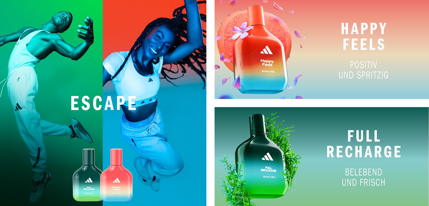 Dynamische Posen von zwei Athleten vor bunten Hintergründen, die zwei Parfümflaschen präsentieren: "Happy Feels" und "Full Recharge."
