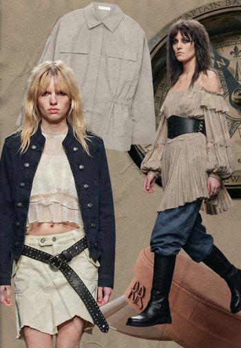 To kvinder i lag-på-lag, neutrale farvetoner med sorte bælter; den ene har en cropped jakke og nederdel på, den anden en plisseret off-shoulder top og støvler.