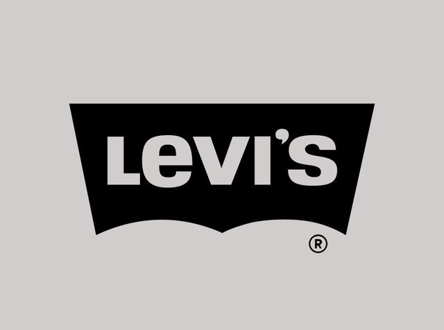 Logo de la marque Levi's avec texte blanc à l'intérieur d'une forme en aile de chauve-souris noire sur un fond gris clair.