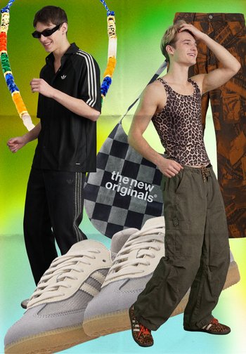 Deux hommes en tenue streetwear décontractée posant avec des baskets blanches, un sac à carreaux avec le texte "the new originals", un collier de perles et un pantalon à motifs.